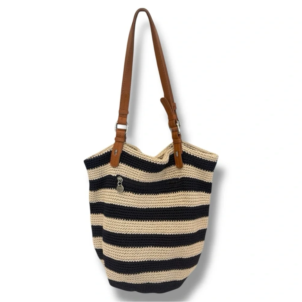 The Sak Striped Crochet Tote Bag with Brown Leather Straps